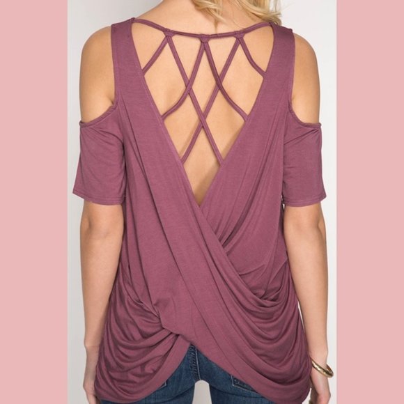 Open Back Drape Cold Shoulder Top - Picture 7 of 15